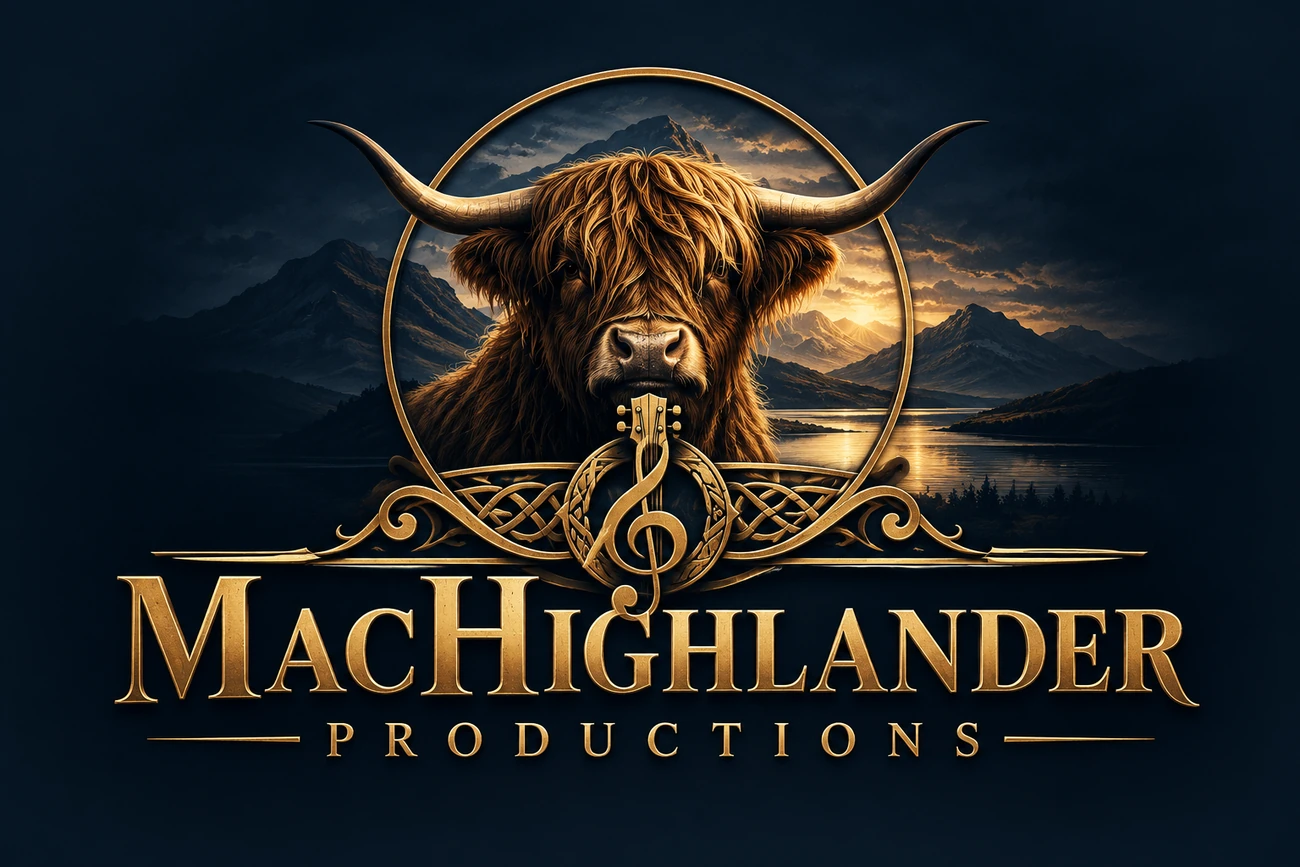 Approved MacHighlander Productions Highland cattle crest, gold mountains and musical emblem